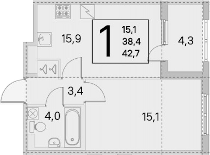 1-комнатная квартира 38.4 м², 2/5 эт., ЖК «ЮгТаун. Олимпийские кварталы»
